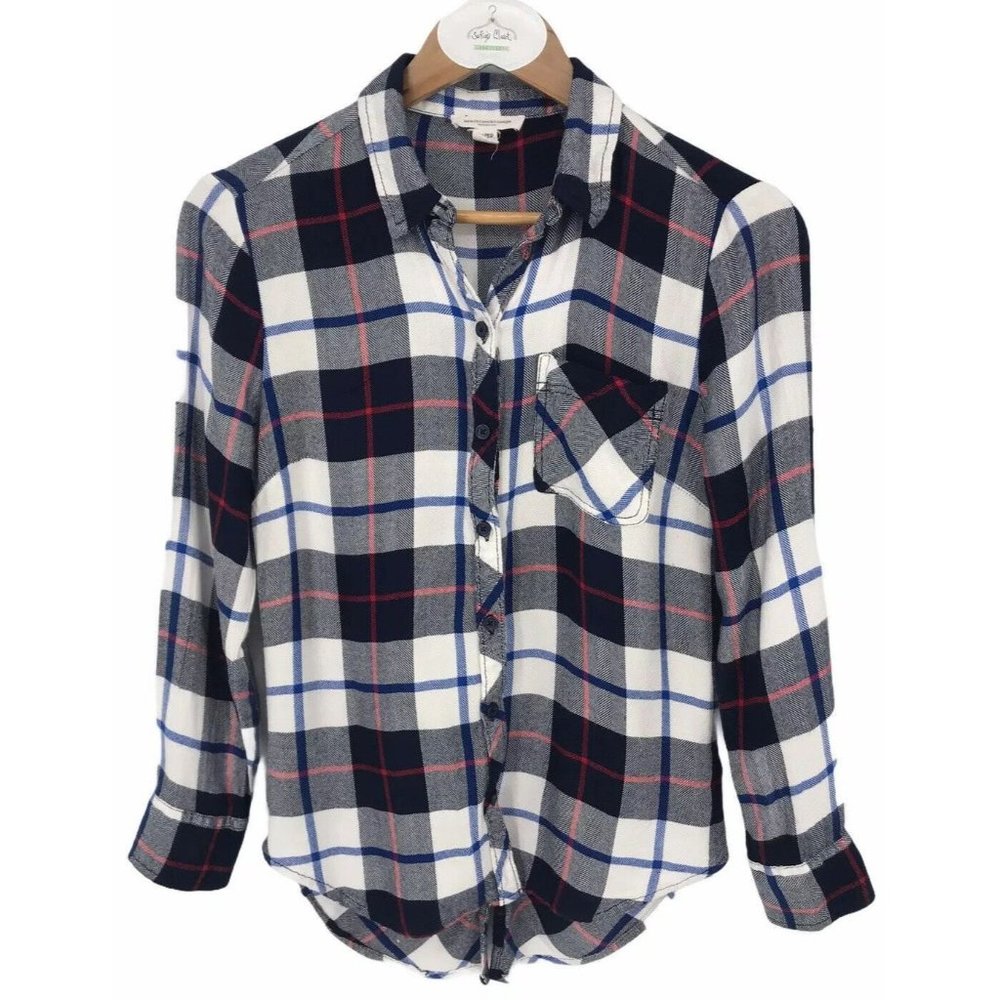 Beach Lunch Lounge Flannel Top XS  Hi Lo Plaid Red White Blue  Tuxedo Tail